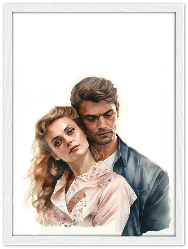 Artistic illustration of a couple embracing on a white background Romalena Art