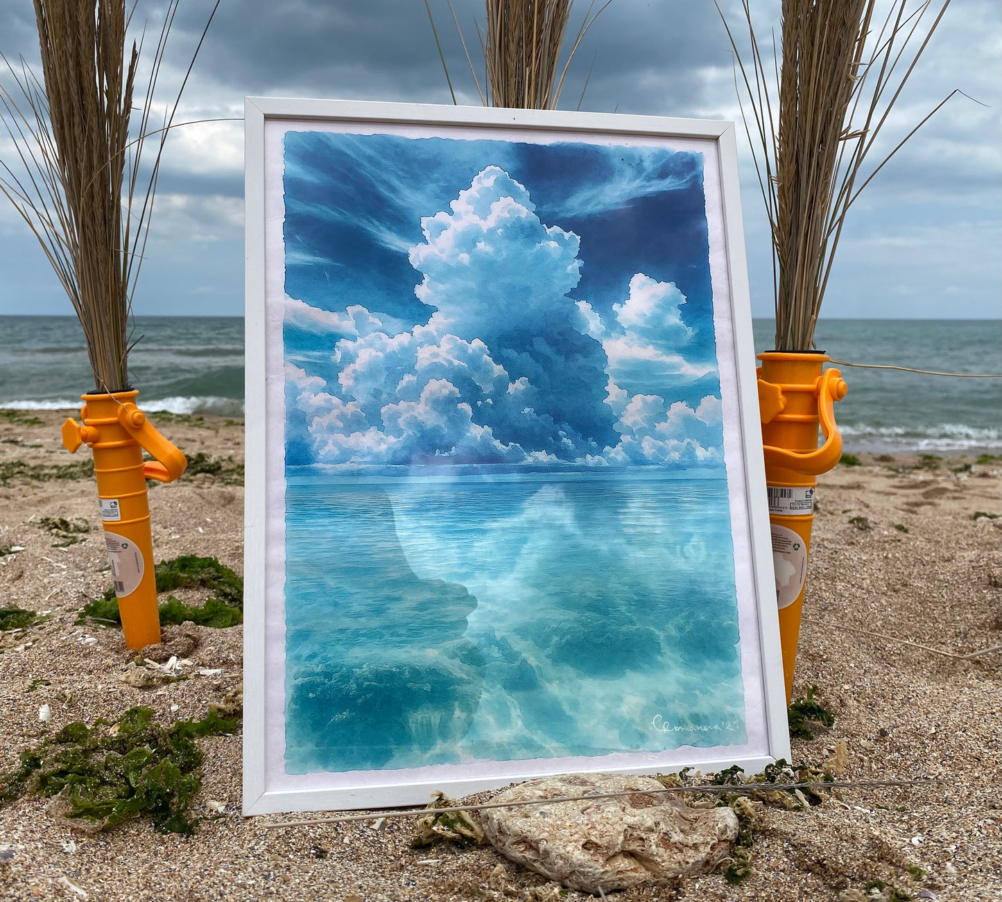 Original Watercolor ocean and blue sky landscape Painting