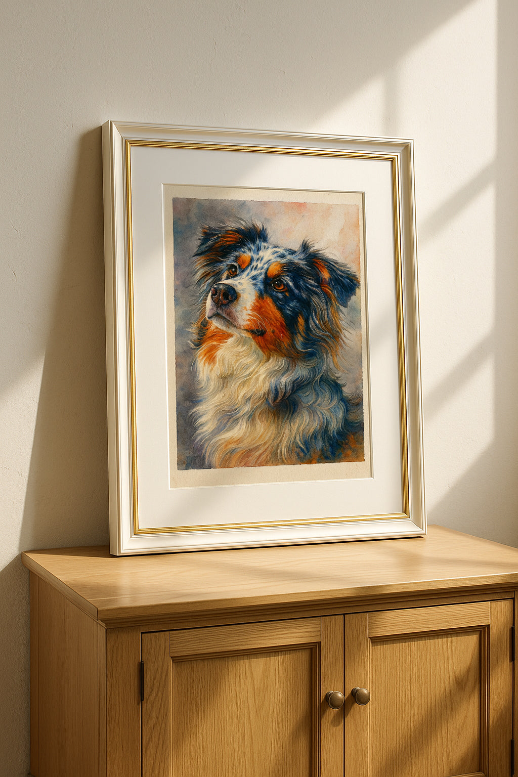 Framed painting of a dog on a wooden cabinet