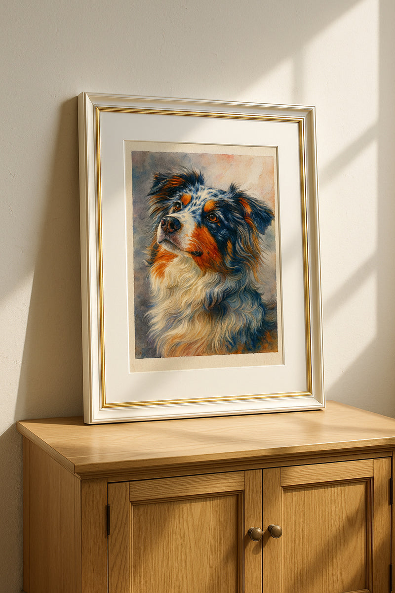 Framed painting of a dog on a wooden cabinet