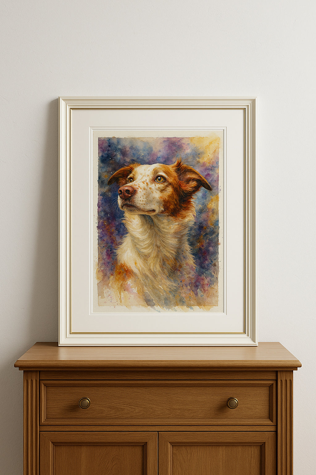 Framed painting of a dog on a wooden cabinet watercolor