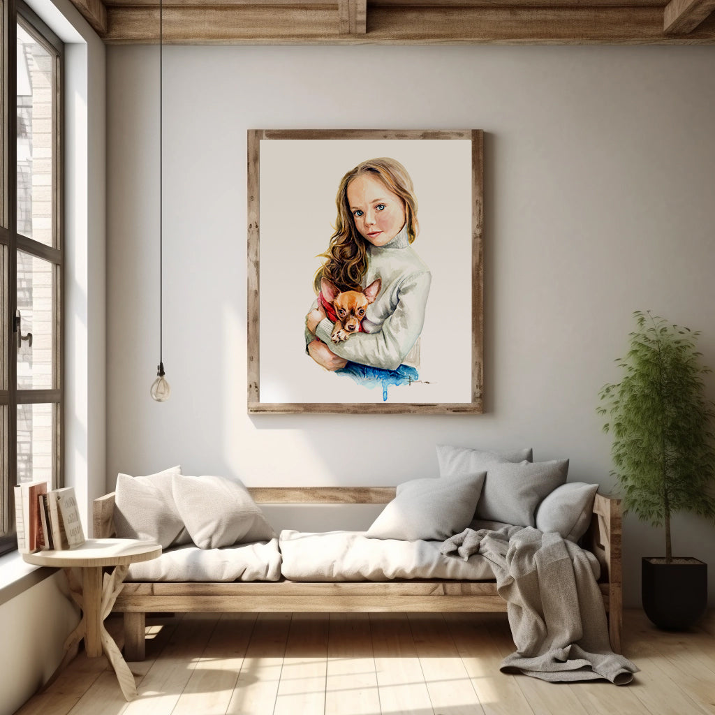 Watercolor portrait with girl hug a dog 