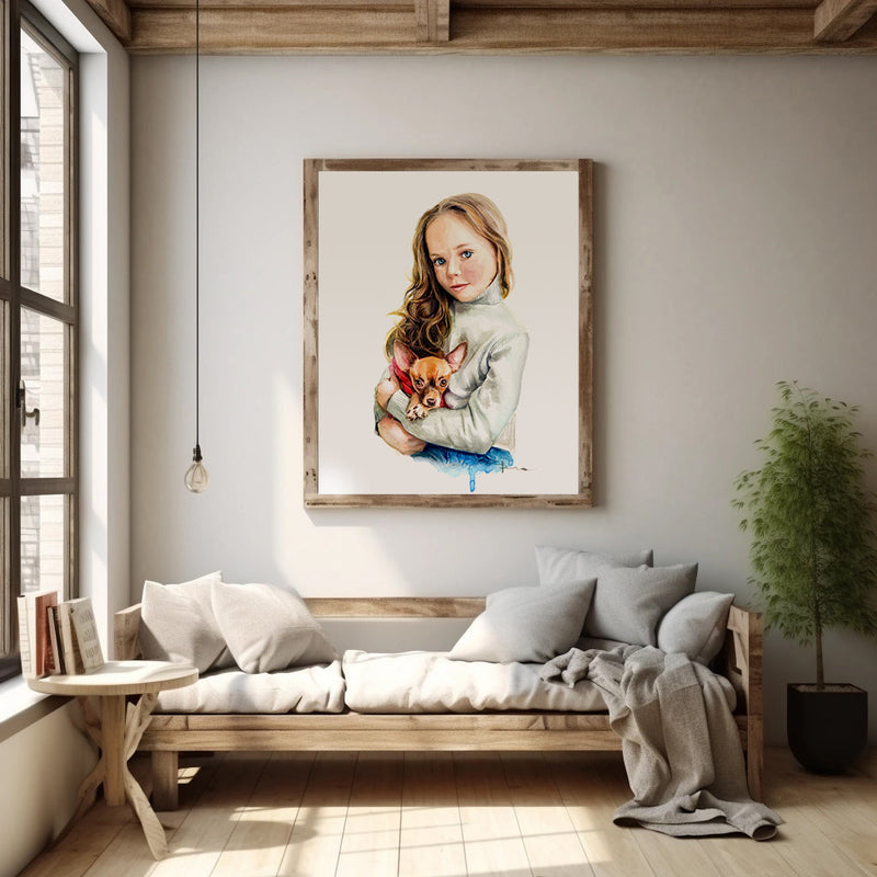 Watercolor portrait with girl hug a dog 