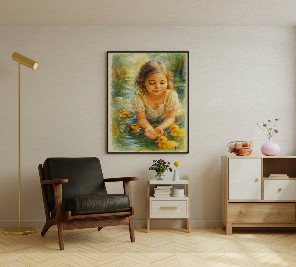A framed watercolor artwork of a young girl ducks in a pond, displayed on a beige wall in a modern living room setting with a black leather armchair, a gold floor lamp, and a wooden cabinet.