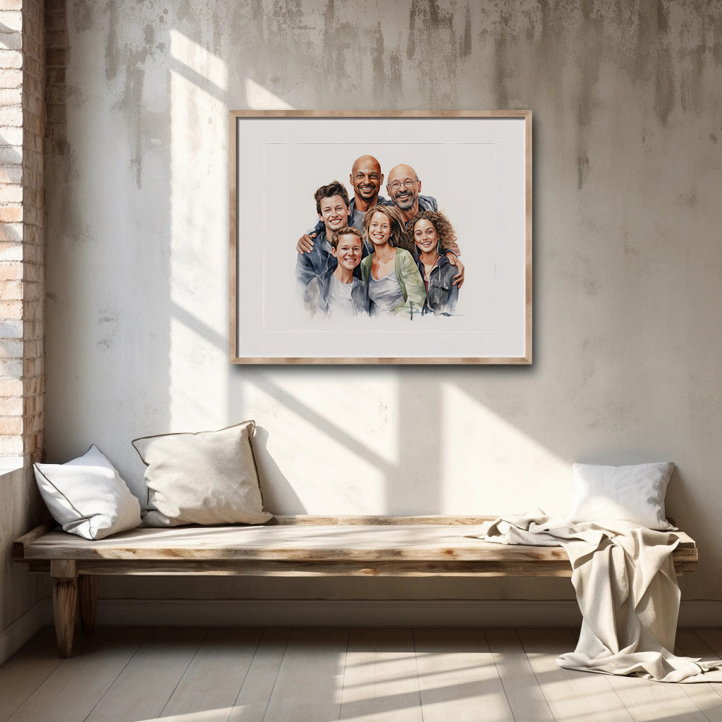 A framed custom watercolor family portrait hanging on a rustic concrete wall above a wooden bench in a modern, sunlit room.