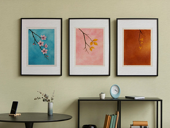 Three framed artworks on a wall art prints by Romalena art