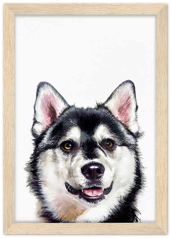 Wood Frame artwork of a husky dog Romalenaart