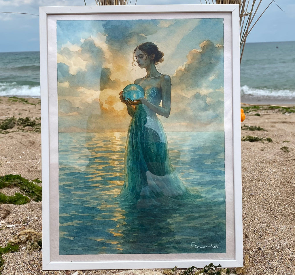 Framed painting of a woman in a turquase dress holding a sphere on a beach.