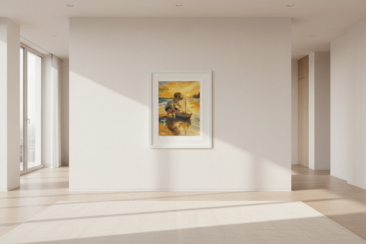 Framed painting of a child playing with a boat on a beach at sunset.