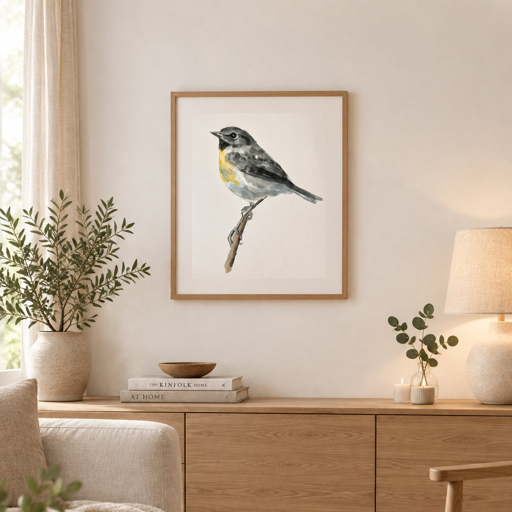 Watercolor painting of a small bird perched on a thin branch, shown in profile against a plain white background.