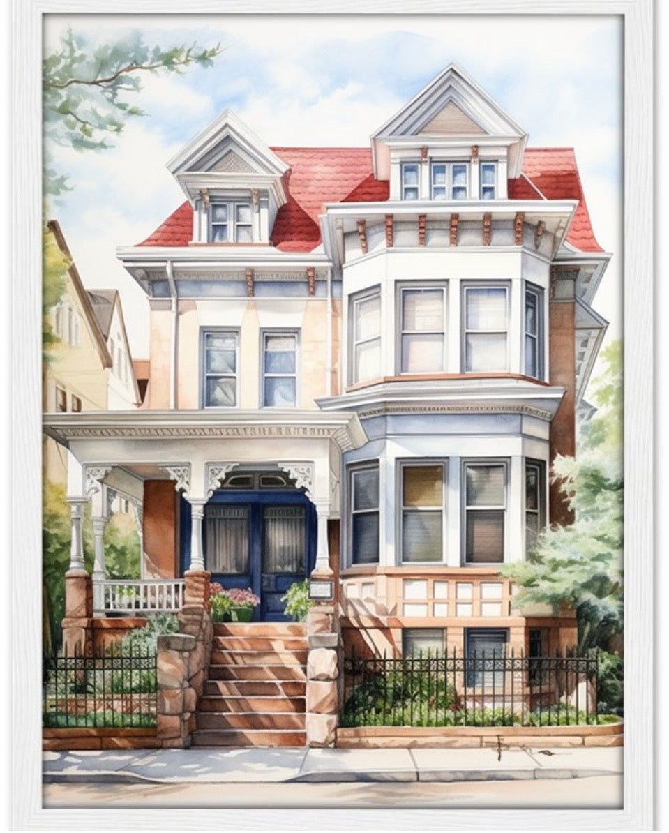 Illustration of a family house with a red roof and white trim, surrounded by greenery custom watercolor from photo