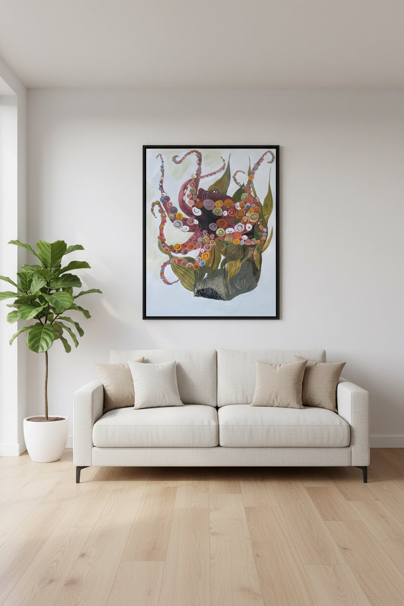 Original Gouache Painting – Octopus & Botanicals | Colorful Wall Art | romalenaart 25x35 cm