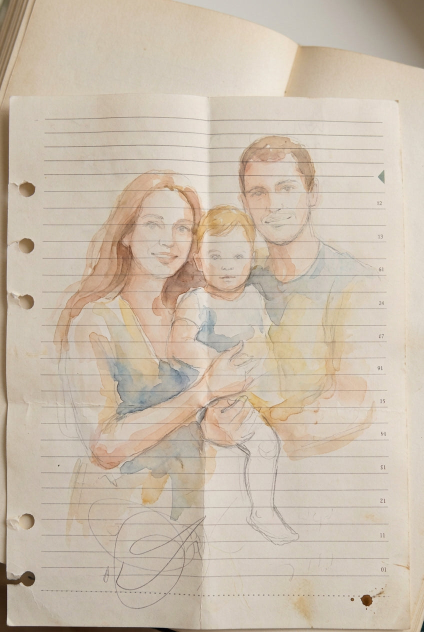 A handwritten note with family painting on it of other lined papers on a dark surface.