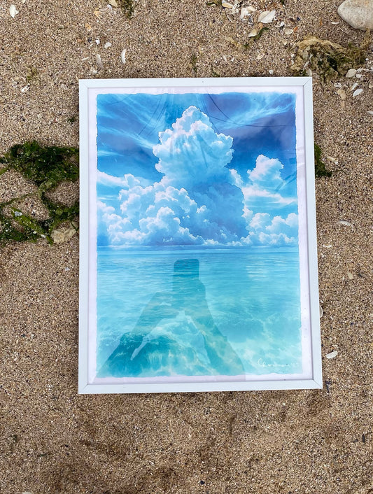 Original Watercolor ocean and blue sky landscape Painting