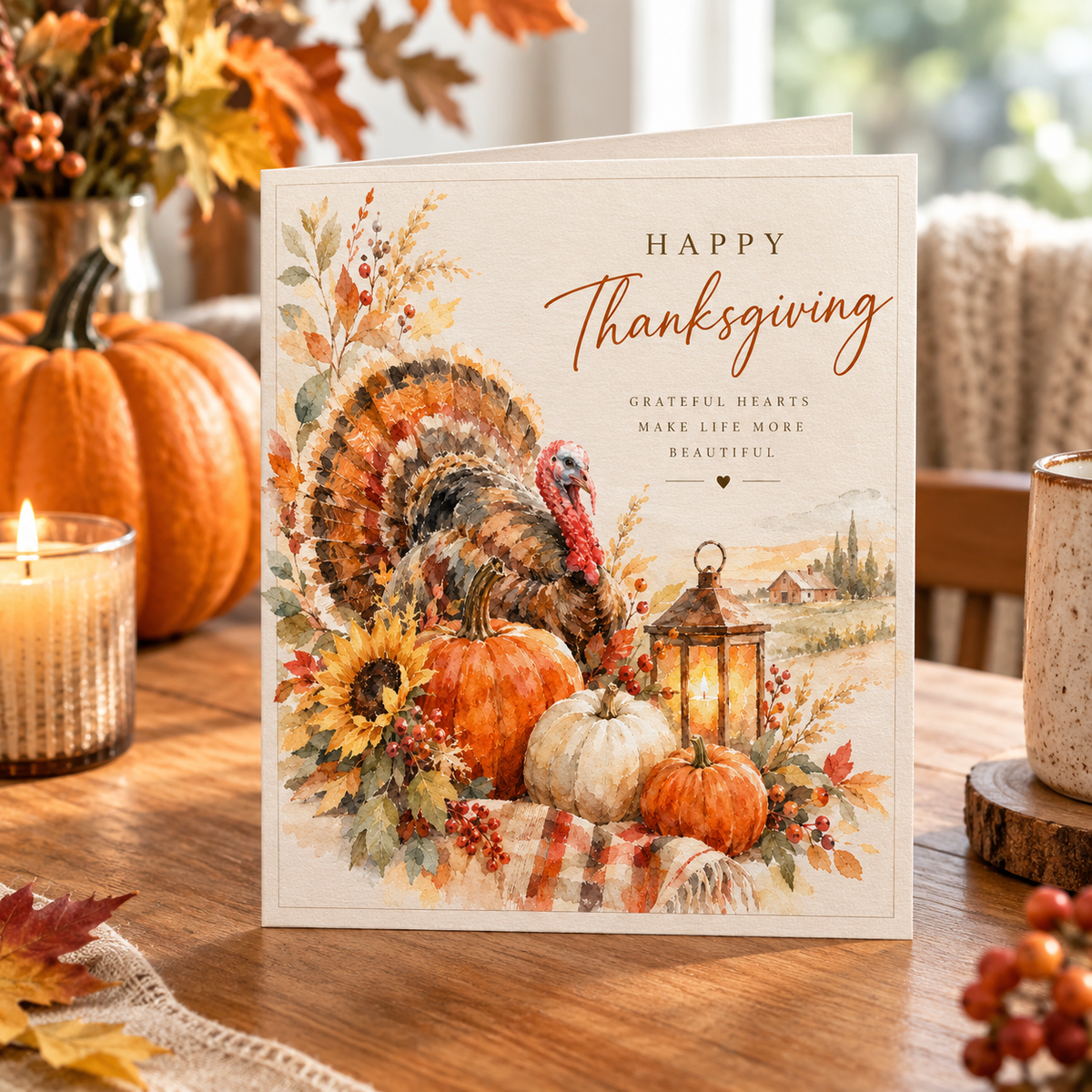 A Thanksgiving greeting card standing on a wooden table, decorated with a watercolor turkey, pumpkins, sunflowers, leaves, and a lantern. The card reads “Happy Thanksgiving” with smaller text below.