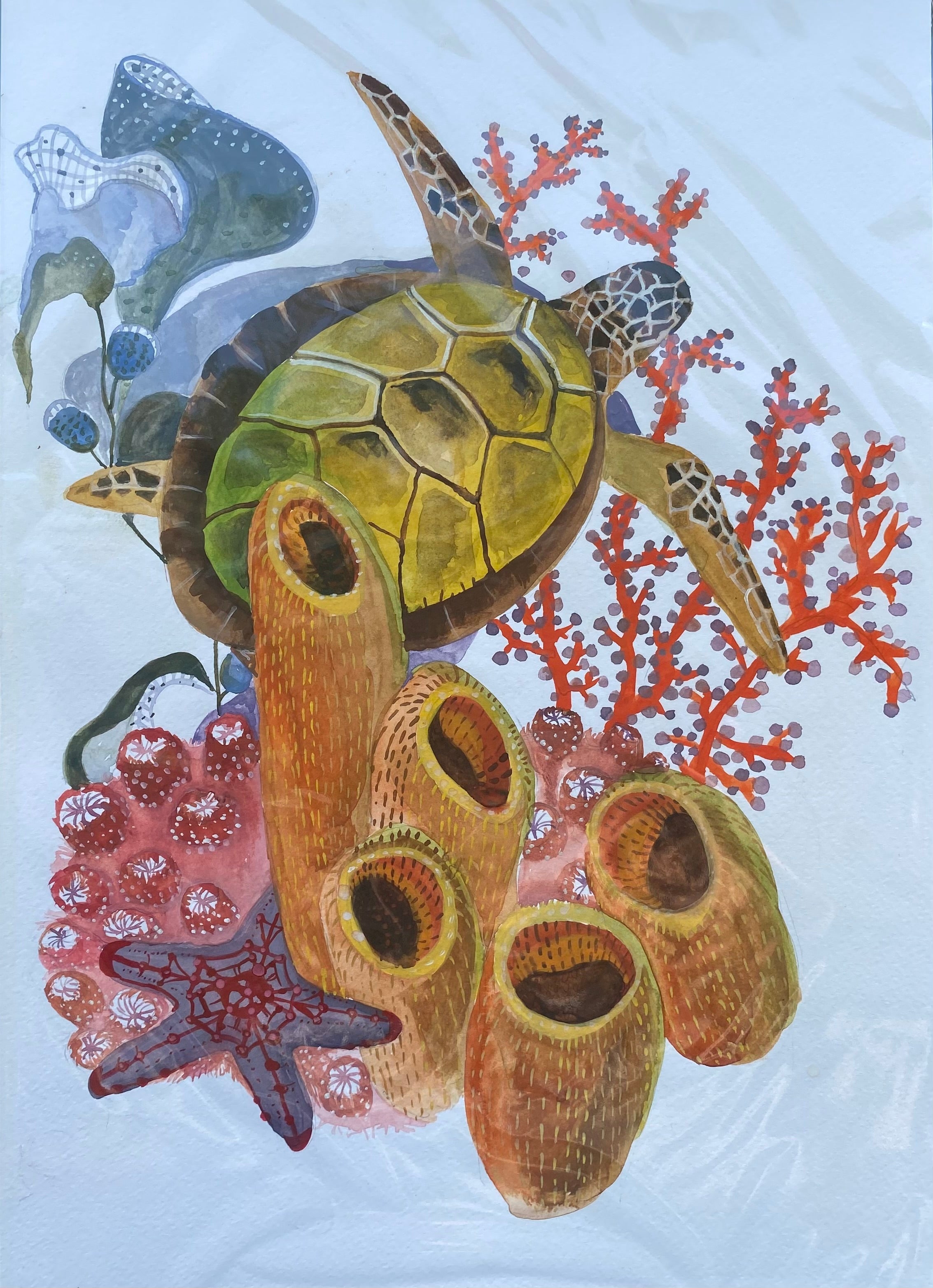 Sea Turtle & Coral Reef – Original Gouache & Watercolor Painting 25x35 cm