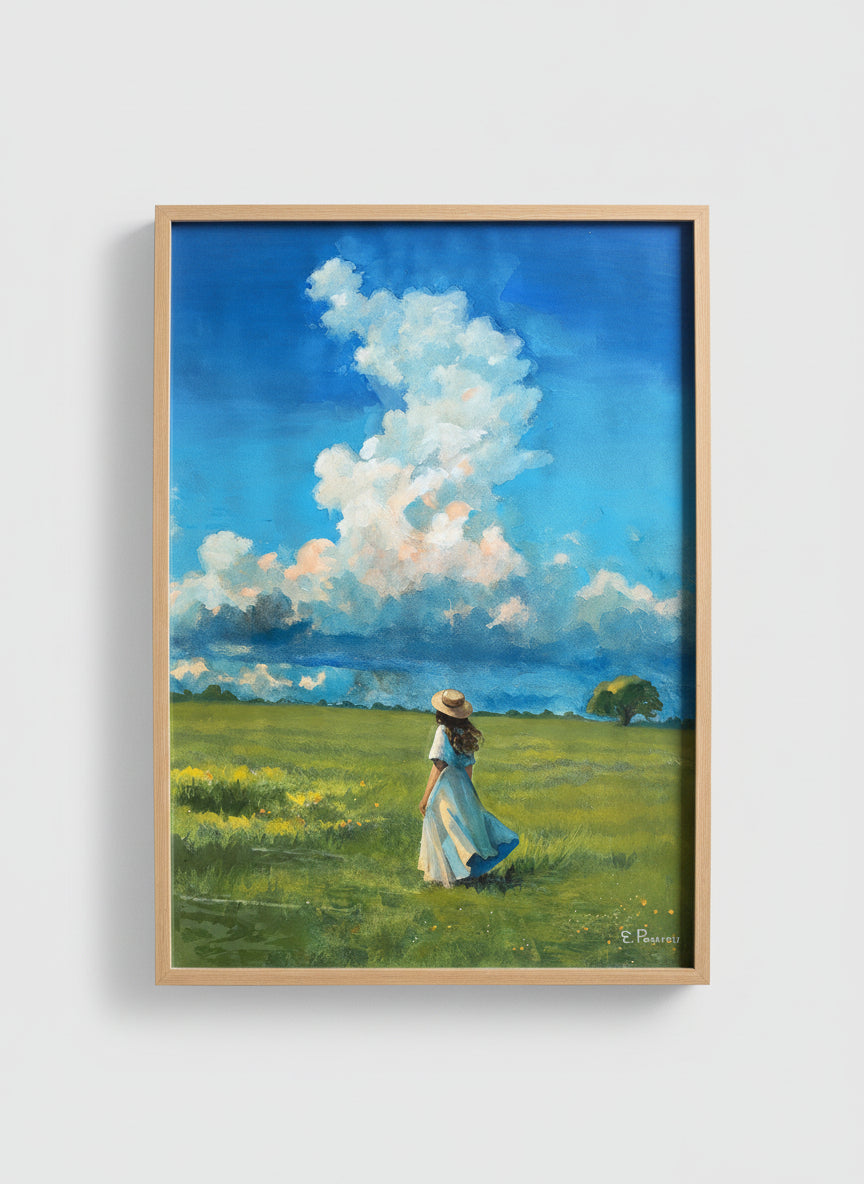 Painting of a woman in a field with a large blue sky and clouds.