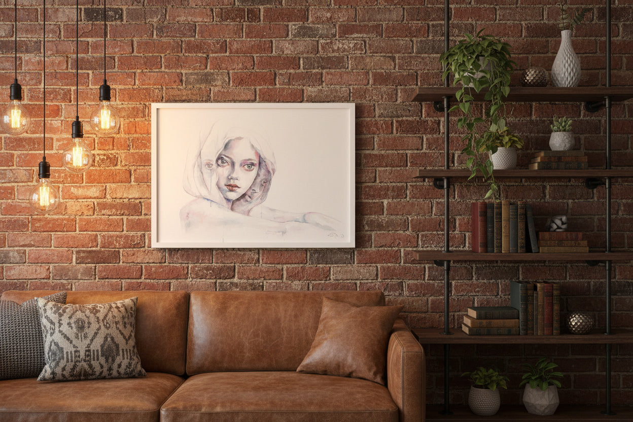 Artistic depiction of a woman with a veil and tattoos, framed in a neutral setting.