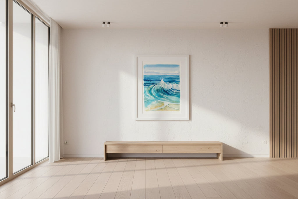 Framed artwork of a seascape with waves
