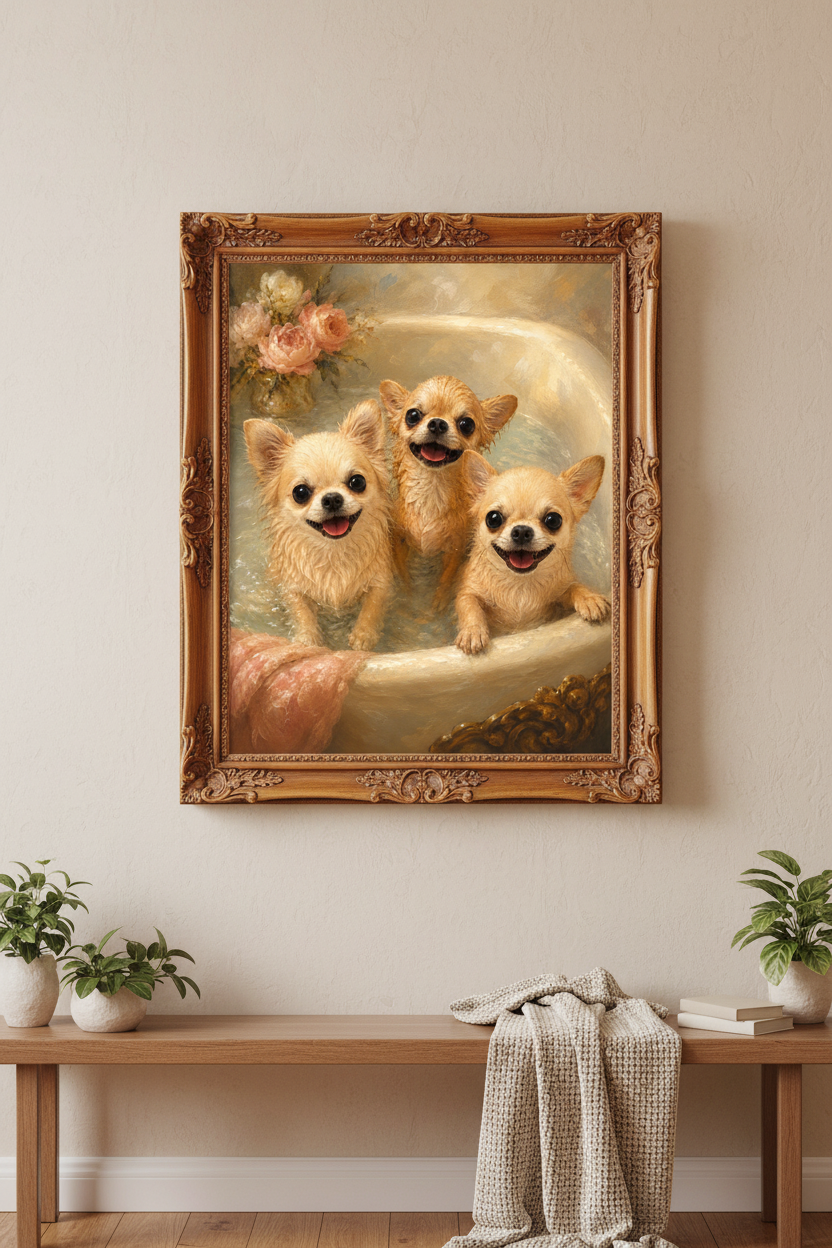 Three chihuahuas small dogs in a bathtub with a decorative background