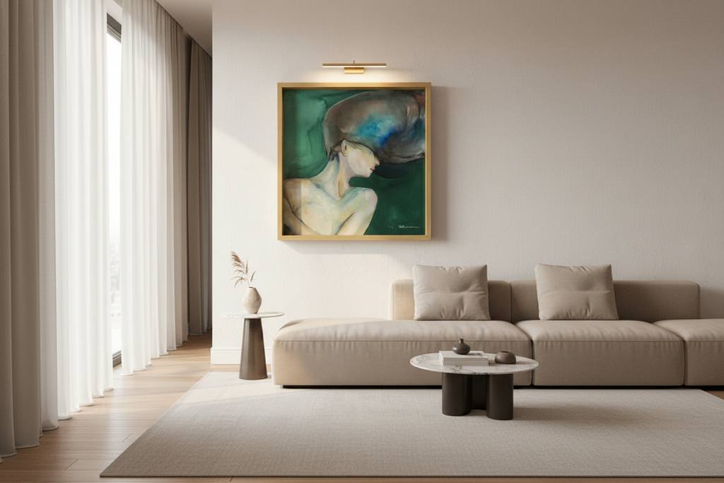 Modern living room with a beige sofa, abstract painting, and coffee table.