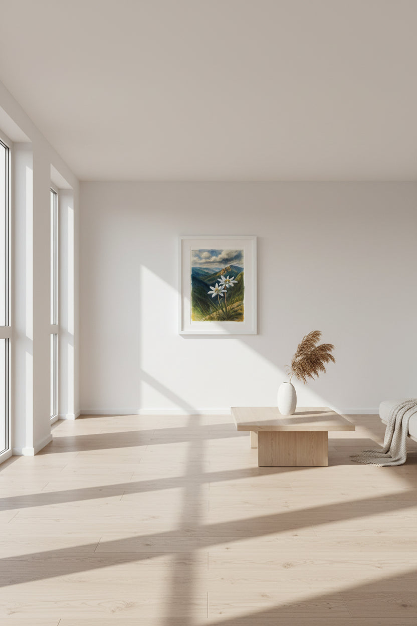 Framed artwork of two white flowers with a mountain landscape in the background.