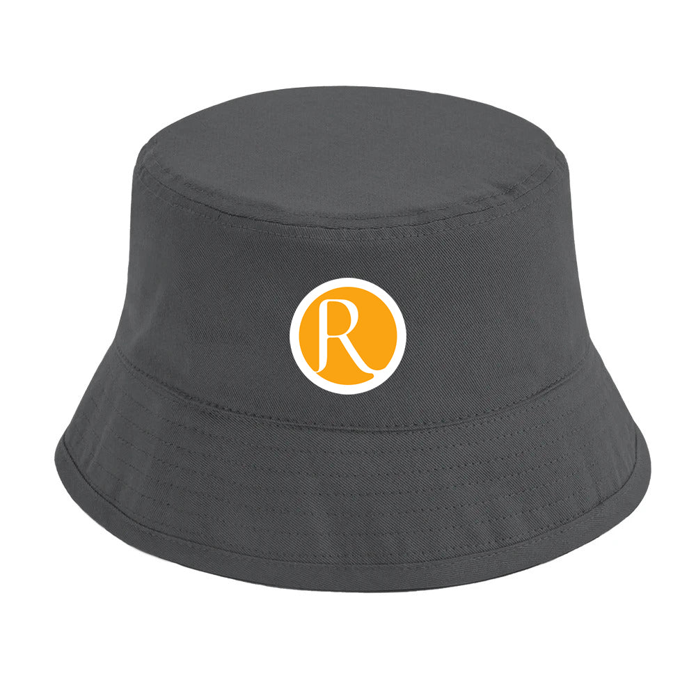 Gray bucket hat with a  Romalena art logo 