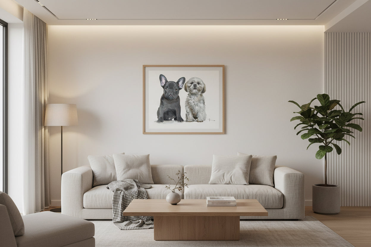 Modern living room with a gray sofa, wooden coffee table, and framed artwork of two dogs.
