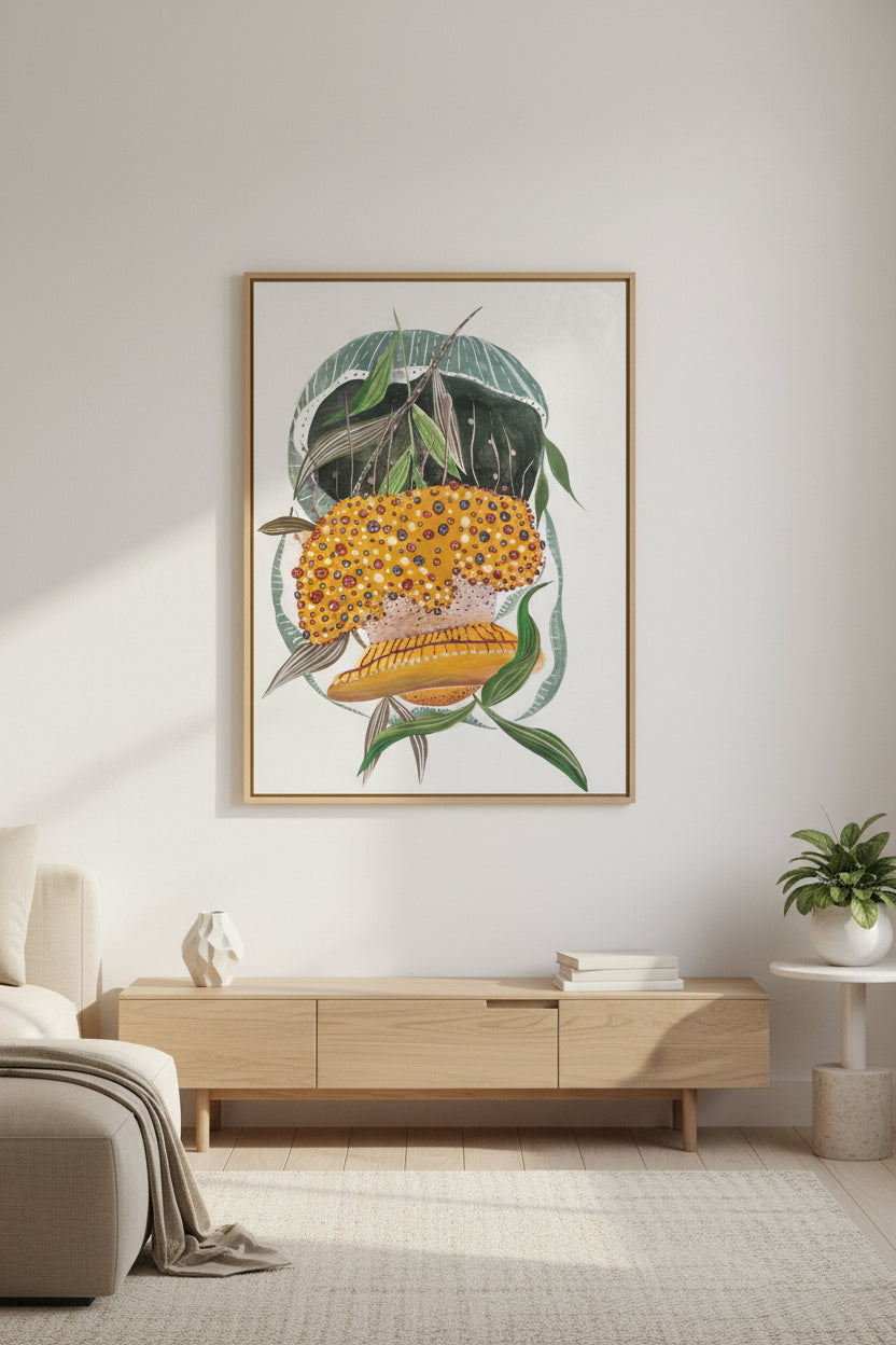 Original Gouache Painting Jellyfish & Botanicals | Framed Wall Art 25x35 cm | romalenaart
