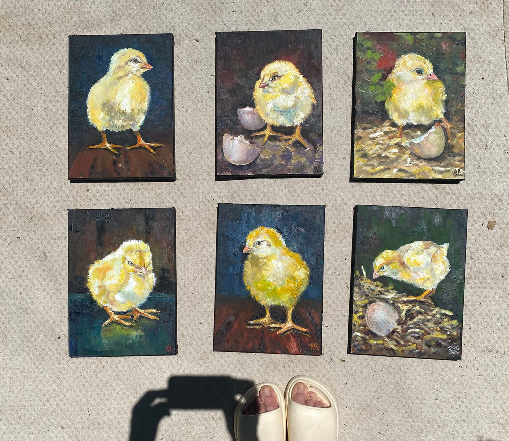 Little Chicken Original Oil Painting – Kitchen & Home Wall Art set of 6