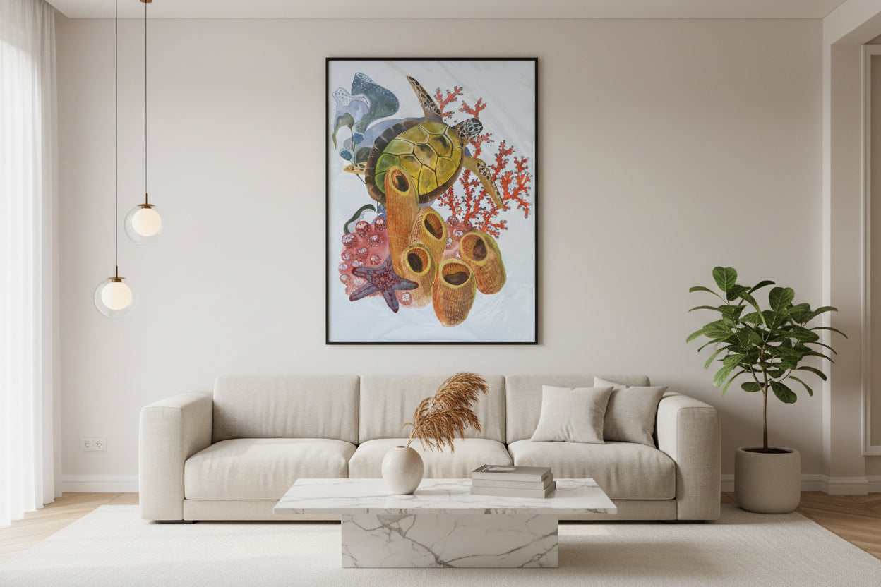 Sea Turtle & Coral Reef – Original Gouache & Watercolor Painting 25x35 cm