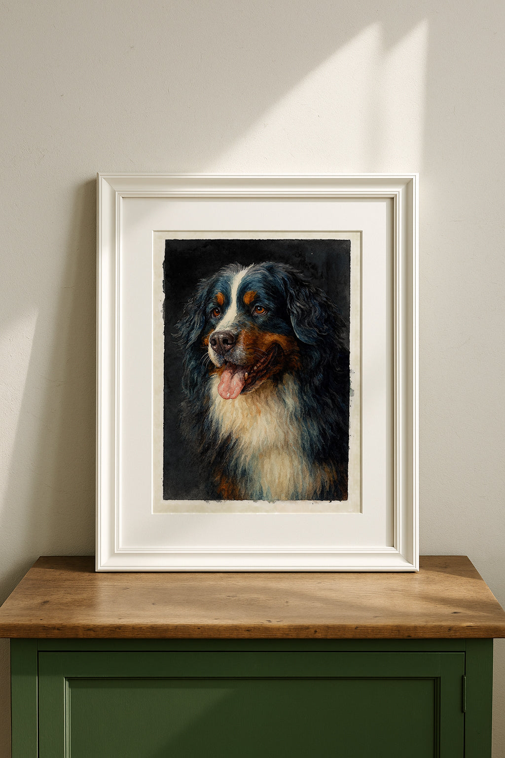 Framed portrait of a dog on a wooden surface with a neutral wall background
