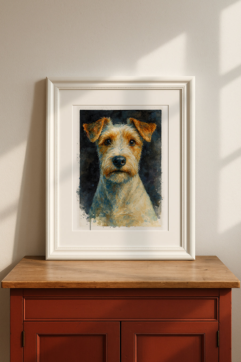 Framed painting of a dog on a wooden surface with a neutral background