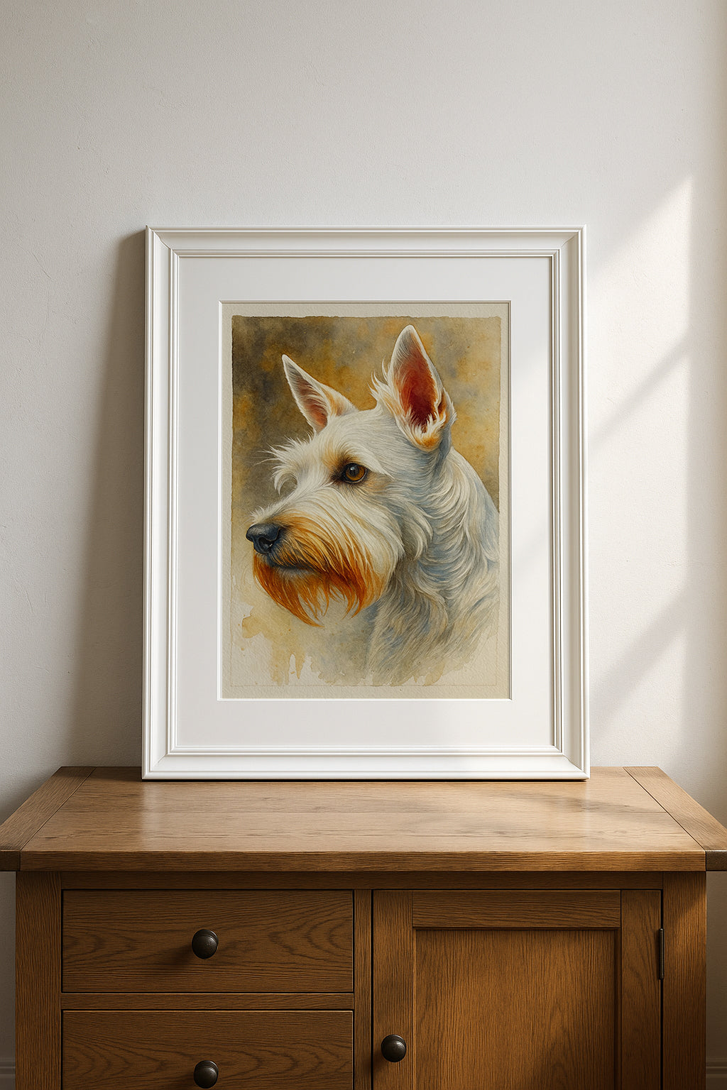 Framed painting of a dog on a wooden cabinet in white frame