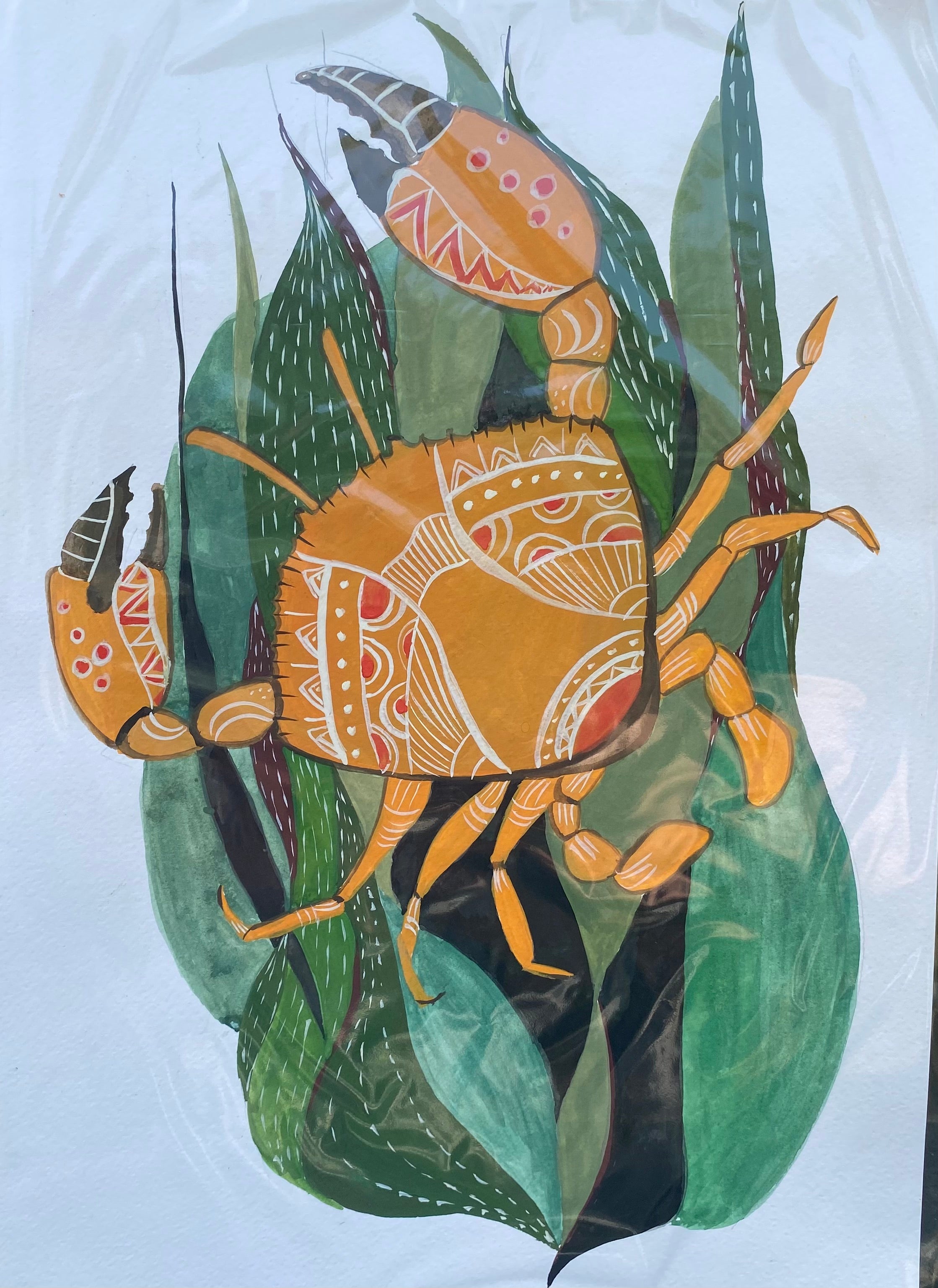 Golden Crab Among the Reeds – Original Watercolor, guache Painting 25x35 cm