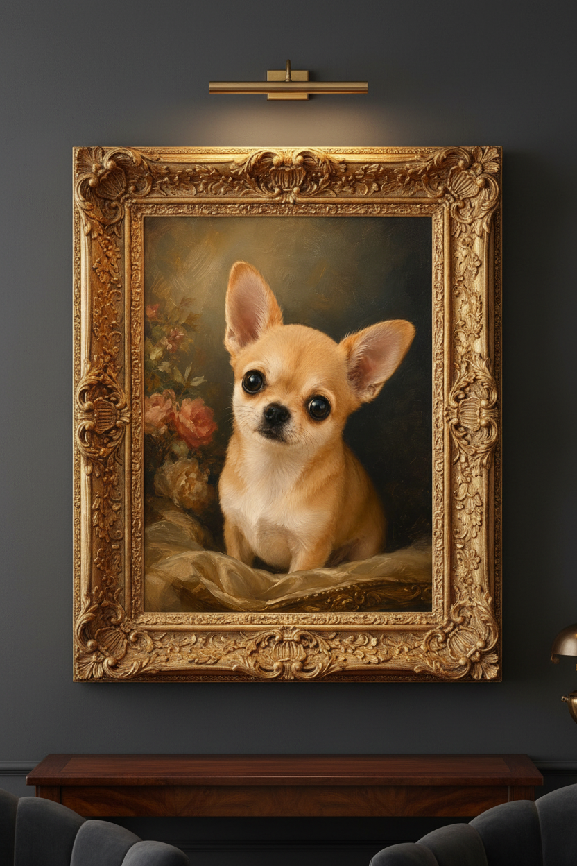 Painting of a chihuahua dog with large ears and dark eyes, surrounded by flowers.