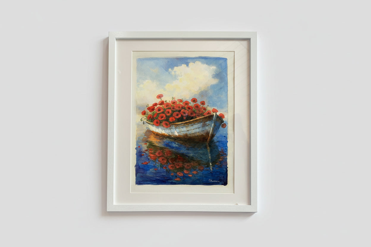 Boat full of poppy flowers | Original Watercolour