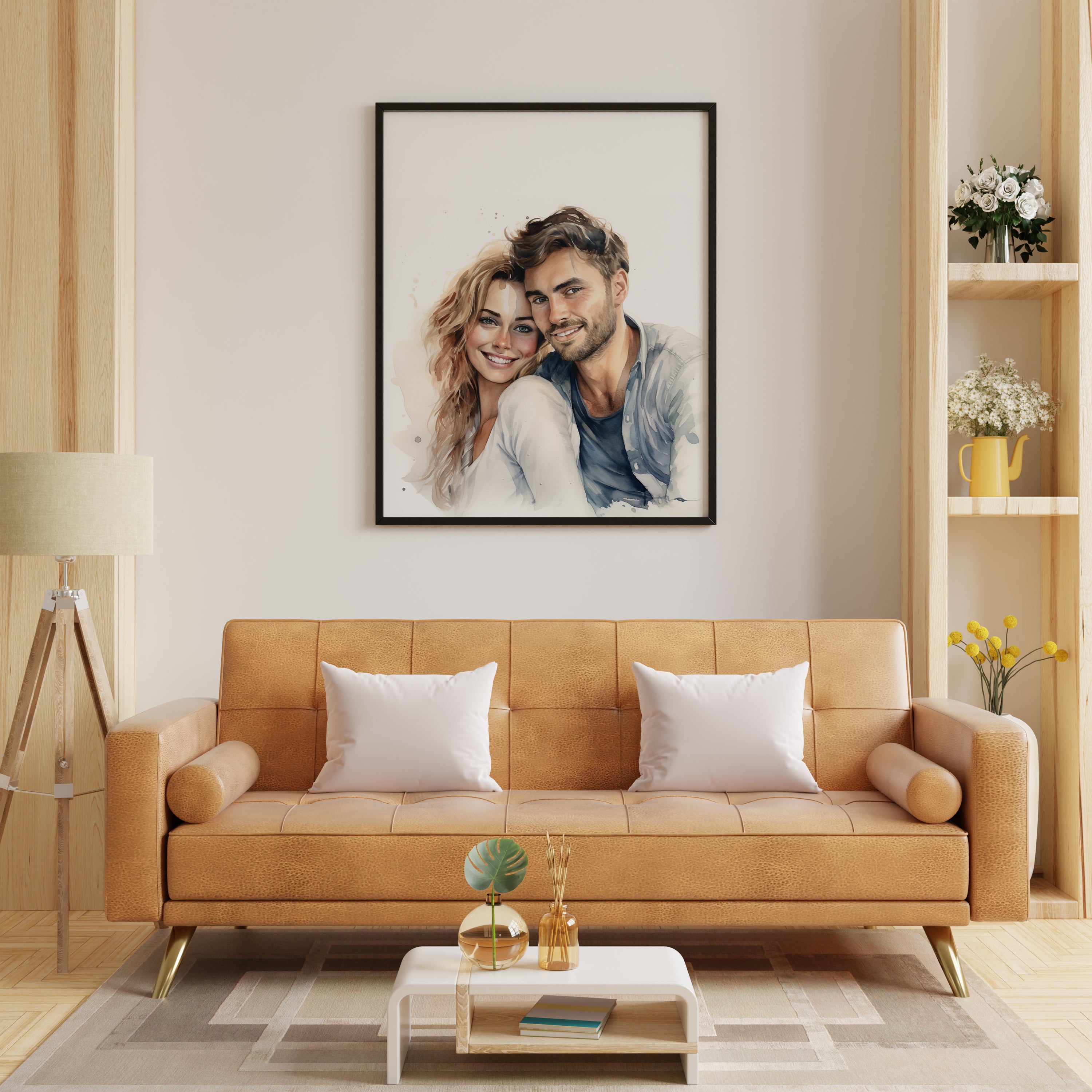 Living room with a tan sofa, coffee table, and wall art of a couple.