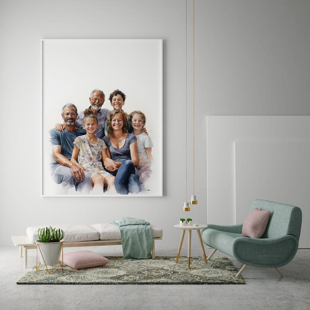 Family portrait on a wall in a modern living room