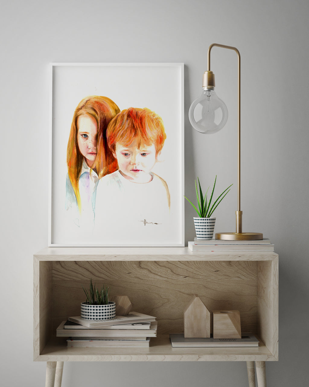 Framed hand-painted watercolor portrait from photo original artwork of two children 