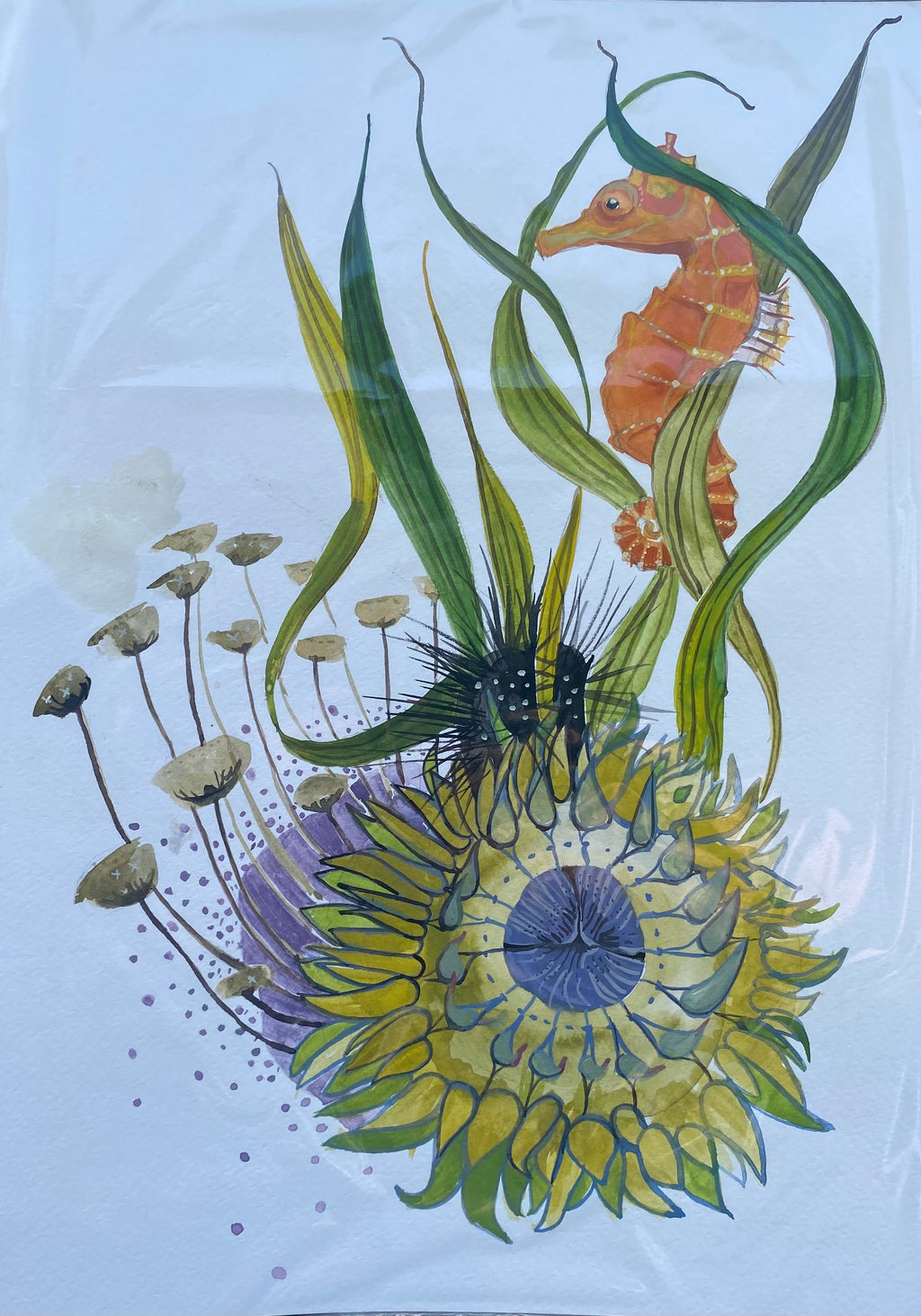 Original Gouache Painting – Seahorse & Sea Anemone | Ocean Wall Art | romalenaart 25x35 cm