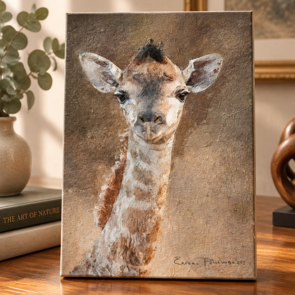 A textured painting of a young giraffe's head and neck, rendered in earthy tones of beige, brown, and gray against a matching painted background. The artist's signature 'Eithal Tomasiwicz 2021' is visible in the bottom right corner.