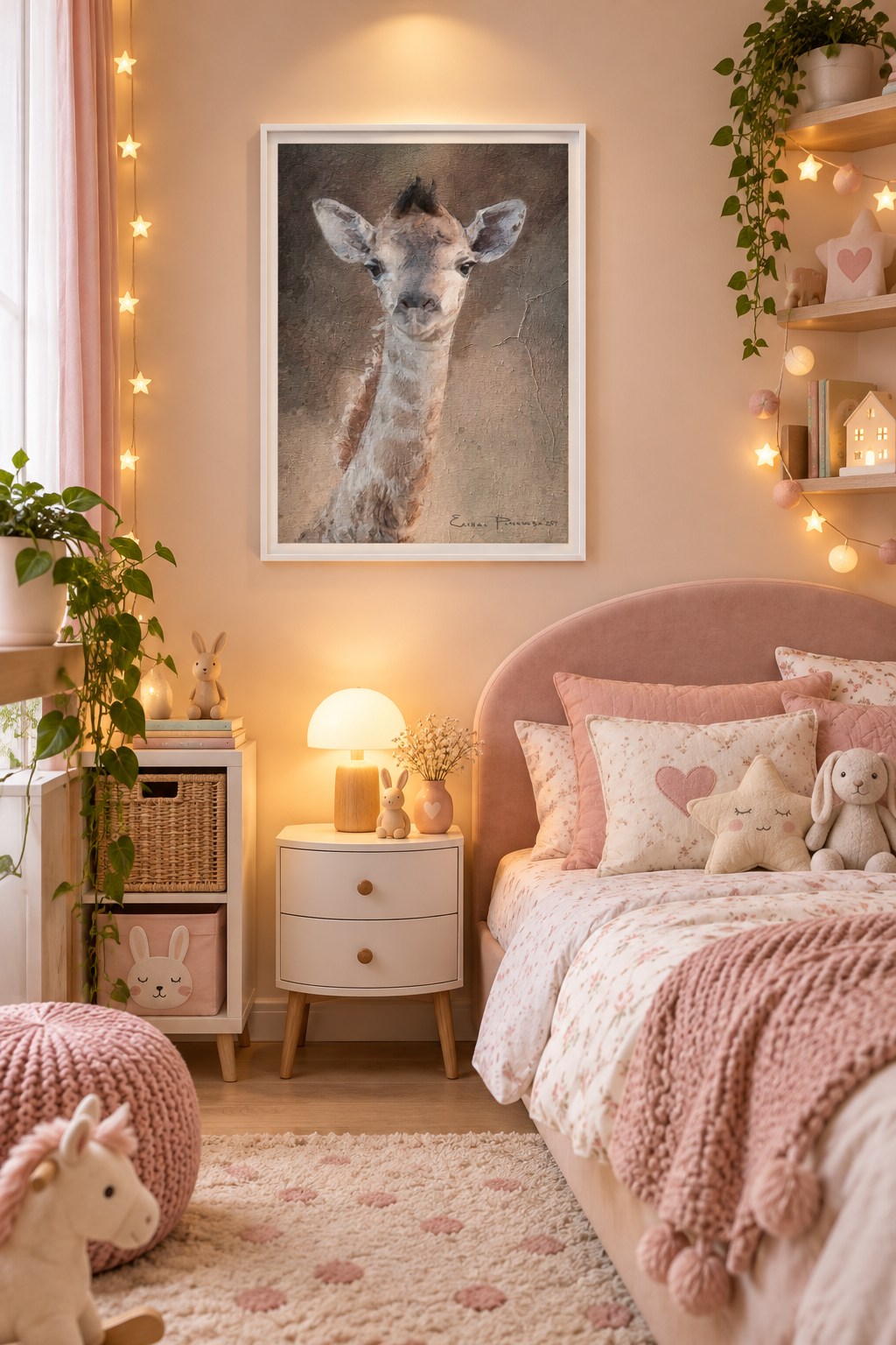 A framed vertical art print of a giraffe baby's face, signed by artist Laura Pinnauk, displayed on a beige wall in a cozy, softly lit children's bedroom with pink bedding, a nightstand, and warm string lights.