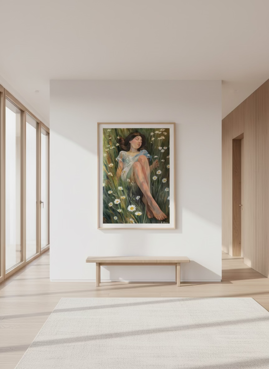 Painting of a woman sitting in a field