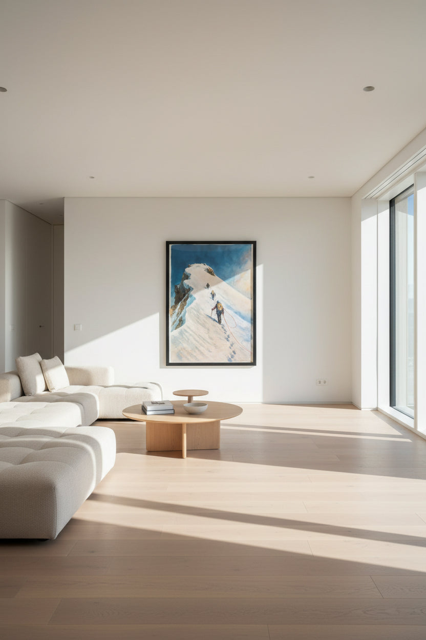 Artistic depiction of climbers on a snowy mountain peak with a black frame.