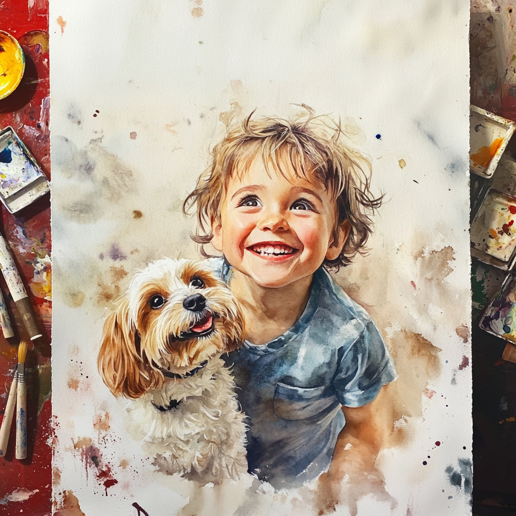 Custom hand painted watercolor portrait of a child with dog 