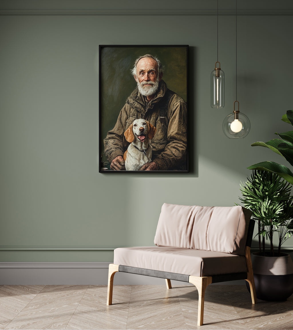 Framed canvas portrait of a man with a dog 