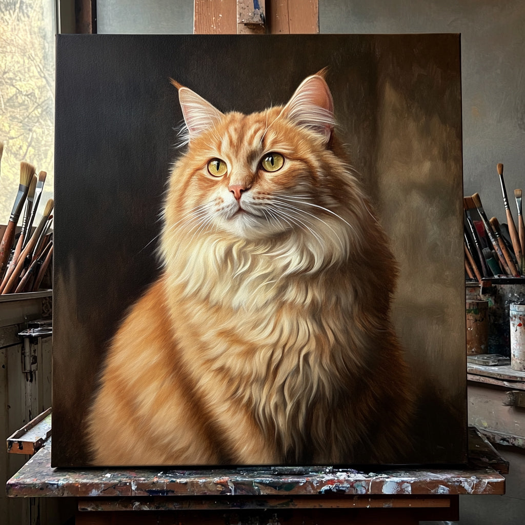 Hand painted portrait of orange cat on canvas