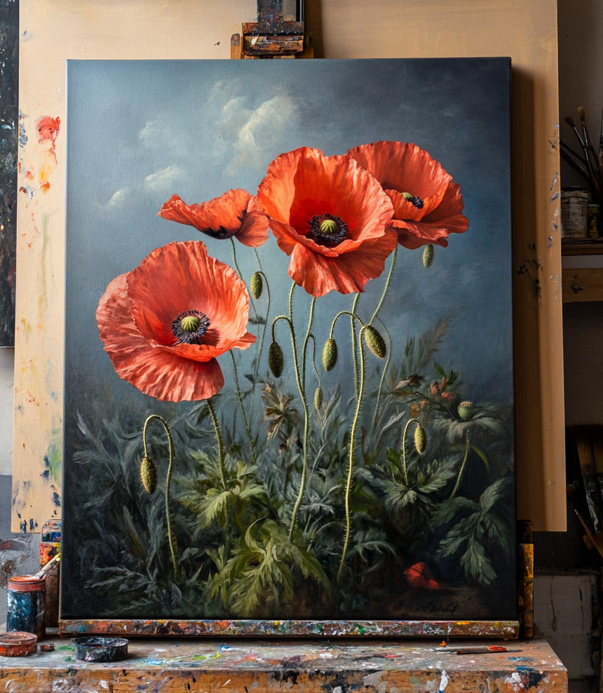 Blossom poppy frowers on canvas