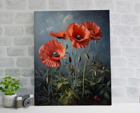 Blossom poppy frowers on canvas
